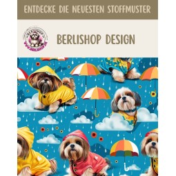 Pre-Order Shih Tzu Hunde mit Regenschirm Petrol Stoff – Stoffdesign von Berlishop - 10 Stoffe zu Auswahl – Kinderstoff Meterware