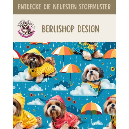 Pre-Order Shih Tzu Hunde mit Regenschirm Petrol Stoff – Stoffdesign von Berlishop - 10 Stoffe zu Auswahl – Kinderstoff Meterware