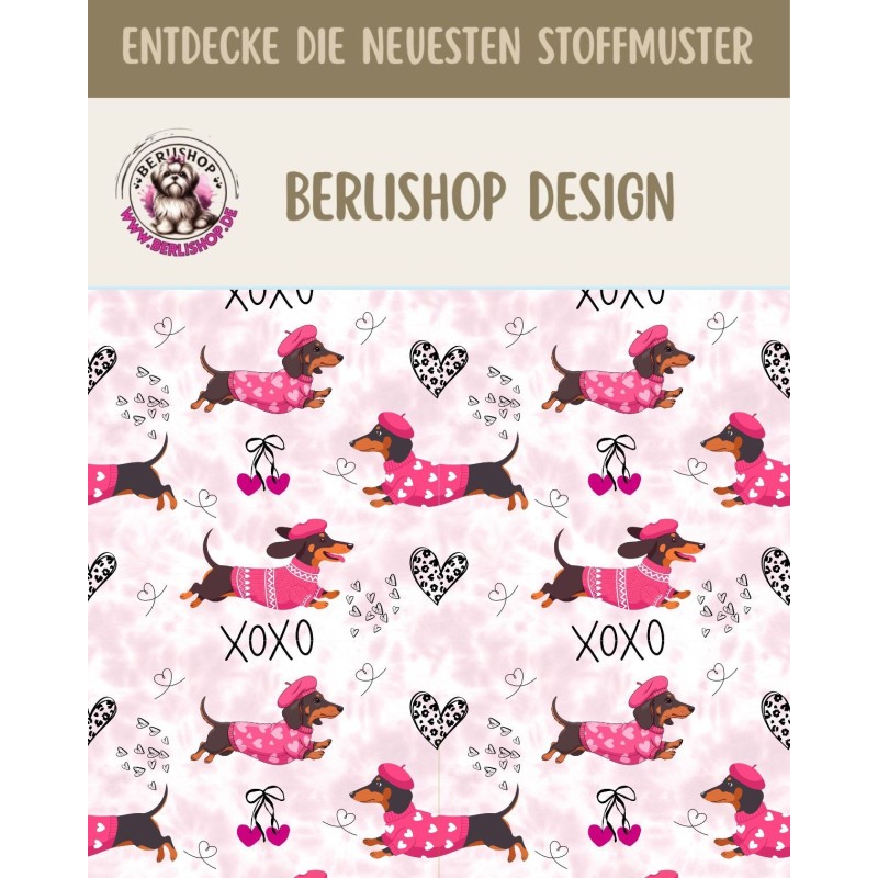 Pre-Order Hunde Dackel Stoff XOXO Rosa mit Herzen - Stoffdesign von Berlishop - 10 Stoffe zu Auswahl – Kinderstoff Meterware