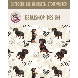 Pre- Order Brauner Dackel Hunde XOXO mit Herzen Beige/Braun - Stoffdesign von Berlishop - 10 Stoffe zu Auswahl – Kinderstoff Met