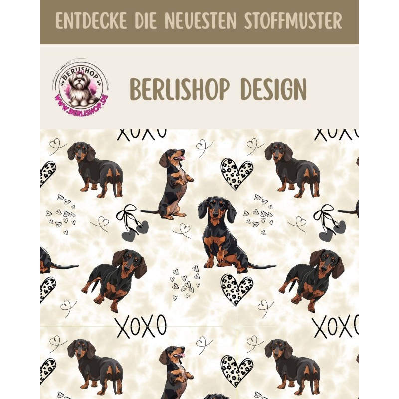 Pre- Order Brauner Dackel Hunde XOXO mit Herzen Beige/Braun - Stoffdesign von Berlishop - 10 Stoffe zu Auswahl – Kinderstoff Met