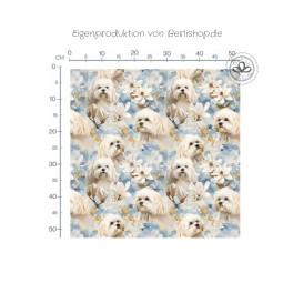 Hunde Blumen Stoff – Malteser Design in Blau & Creme