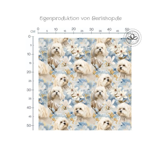 Hunde Blumen Stoff – Malteser Design in Blau & Creme