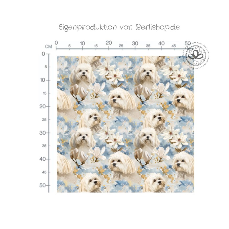 Hunde Blumen Stoff – Malteser Design in Blau & Creme