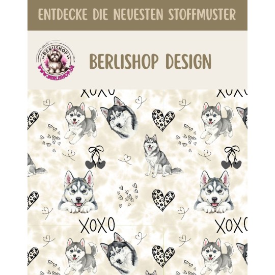Pre - Order Husky Hunde XOXO mit Herzen Beige/Grau - Stoffdesign von Berlishop - 10 Stoffe zu Auswahl – Meterware