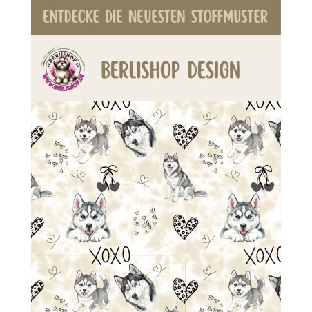 Pre - Order Husky Hunde XOXO mit Herzen Beige/Grau - Stoffdesign von Berlishop - 10 Stoffe zu Auswahl – Meterware