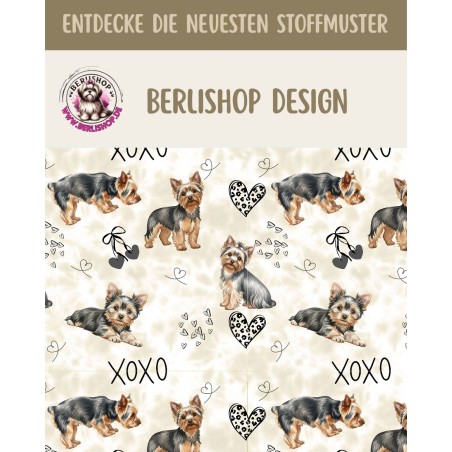 Pre - Order Yorkshire Terrier  Hunde XOXO mit Herzen Beige/Braun - Stoffdesign von Berlishop - 10 Stoffe zu Auswahl – Meterware