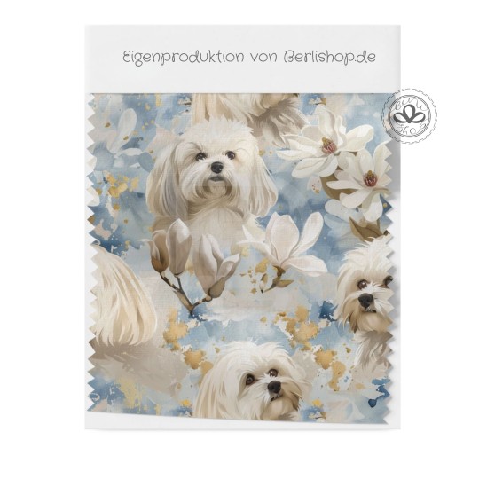 Pre-Order Malteser Hunde Magnolien Blau Gold – Stoffdesign von Berlishop - 10 Stoffe zu Auswahl – Meterware
