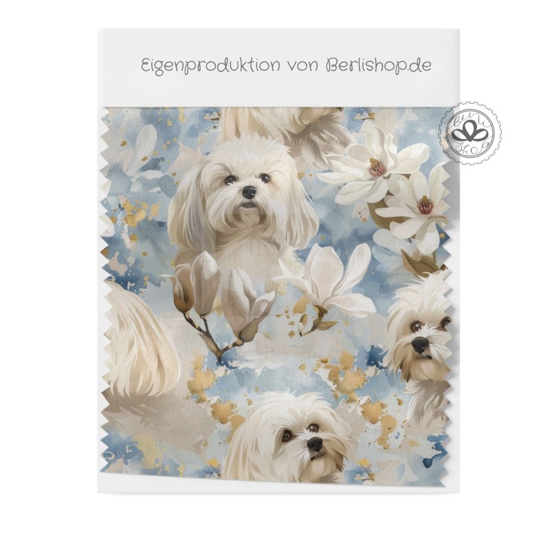 Pre-Order Malteser Hunde Magnolien Blau Gold – Stoffdesign von Berlishop - 10 Stoffe zu Auswahl – Meterware