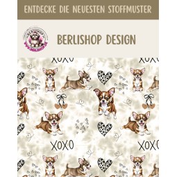 Pre - Order Chihuahua Hunde XOXO mit Herzen Beige/Braun - Stoffdesign von Berlishop - 10 Stoffe zu Auswahl – Meterware