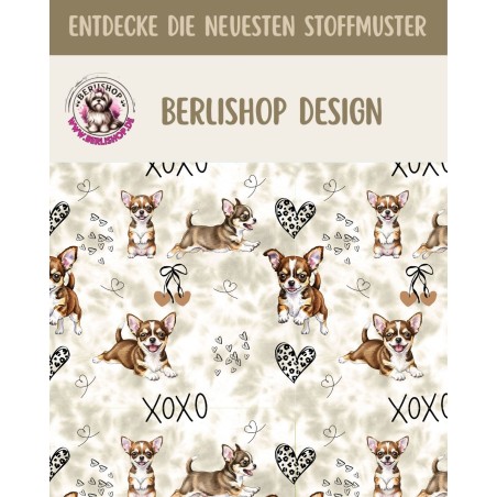 Pre - Order Chihuahua Hunde XOXO mit Herzen Beige/Braun - Stoffdesign von Berlishop - 10 Stoffe zu Auswahl – Meterware