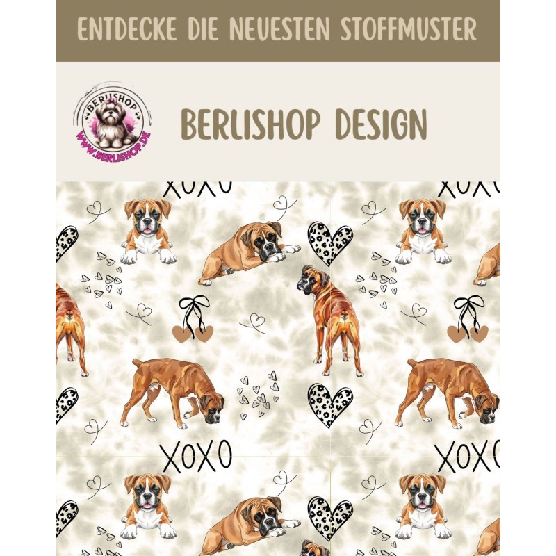 Pre - Order Boxer Hunde XOXO mit Herzen Beige/Braun - Stoffdesign von Berlishop - 10 Stoffe zu Auswahl – Meterware