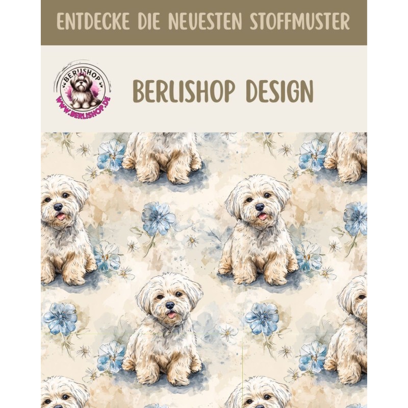 Pre-Order Malteser Stoff Aquarell Blumen Blau Beige – Stoffdesign von Berlishop - 10 Stoffe zu Auswahl – Meterware