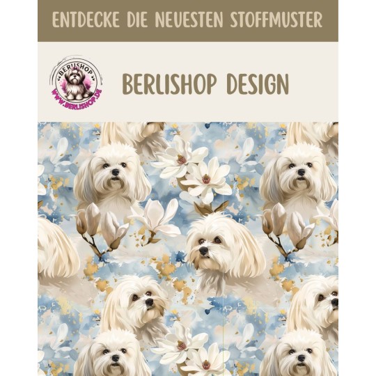 Pre-Order Malteser Hunde Magnolien Blau Gold – Stoffdesign von Berlishop - 10 Stoffe zu Auswahl – Meterware