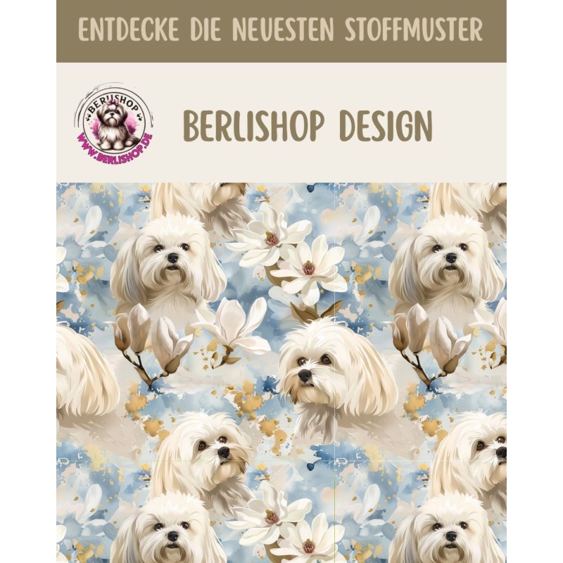 Pre-Order Malteser Hunde Magnolien Blau Gold – Stoffdesign von Berlishop - 10 Stoffe zu Auswahl – Meterware