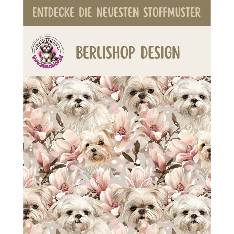 Pre-Order Malteser Hunde Magnolien Beige Rosa – Stoffdesign von Berlishop - 10 Stoffe zu Auswahl – Meterware
