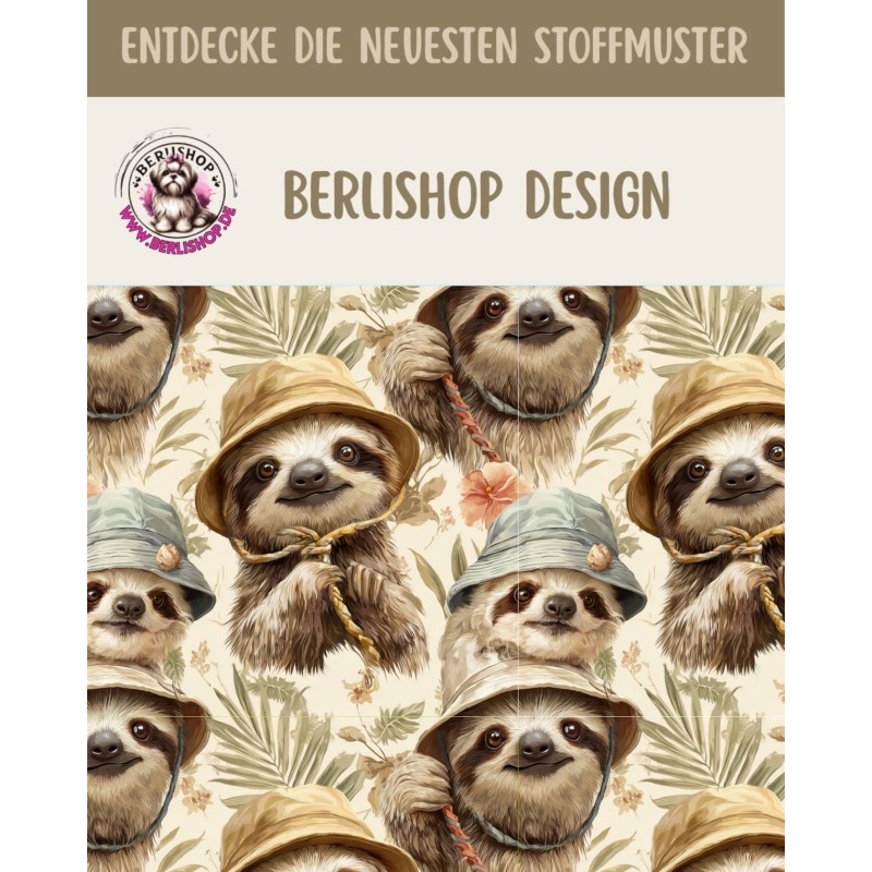 Pre-Order Faultier Safari Stoff Beige Grün – Stoffdesign von Berlishop - 10 Stoffe zu Auswahl – Meterware