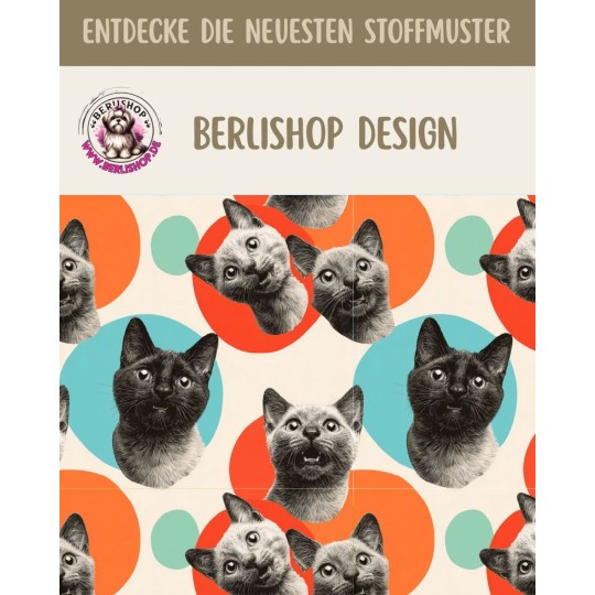 Pre-Order Katzen Stoff Pop Art Retro Orange/Türkis – Stoffdesign von Berlishop - 10 Stoffe zu Auswahl – Meterware
