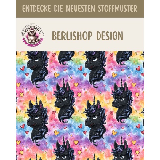 Pre-Order Schwarzes Einhorn Regenbogen Stoff Bunt – Stoffdesign von Berlishop- 10 Stoffe zu Auswahl – Meterware