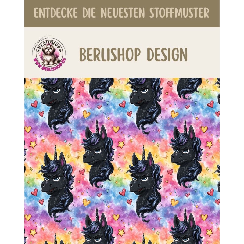 Pre-Order Schwarzes Einhorn Regenbogen Stoff Bunt – Stoffdesign von Berlishop- 10 Stoffe zu Auswahl – Meterware