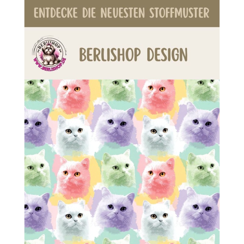Pre-Order Katzen Pastell Bunt Aquarell Stoff – Stoffdesign von Berlishop - 10 Stoffe zu Auswahl – Meterware