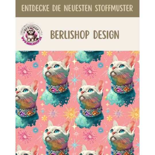 Pre-Order Glitzer Katzen Pop Art Stoff  Pink Türkis Bunt – Stoffdesign von Berlishop – 10 Stoffe zur Auswahl – Meterware