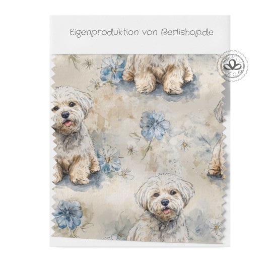 Vorbestellung – Malteser Stoff – Sanftes Hundemotiv mit Blumen - Blau & Creme - wählbar in 10 Stoffarten