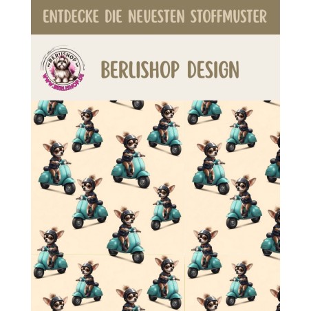 Pre-Order Chihuahua Hunde Stoff auf Roller Beige Petrol – Stoffdesign von Berlishop – 10 Stoffe zur Auswahl – Meterware