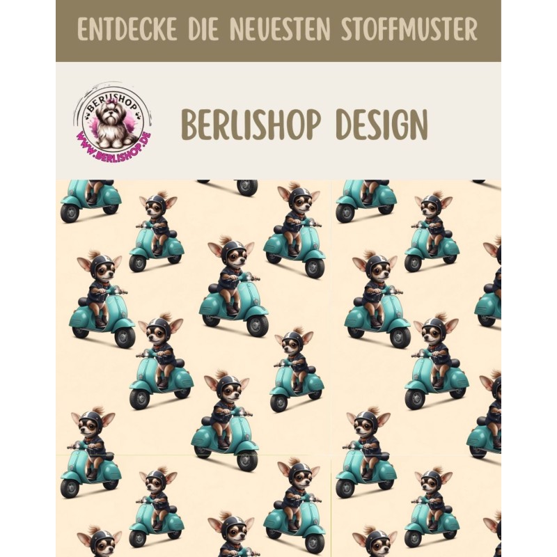 Pre-Order Chihuahua Hunde Stoff auf Roller Beige Petrol – Stoffdesign von Berlishop – 10 Stoffe zur Auswahl – Meterware