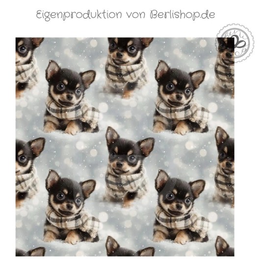1m Coupon  Baumwolle Canvas Chihuahua Welpe Winter Schnee Schal Stoff 153 g/m² Meterware 160 cm Eigenproduktion Kinder