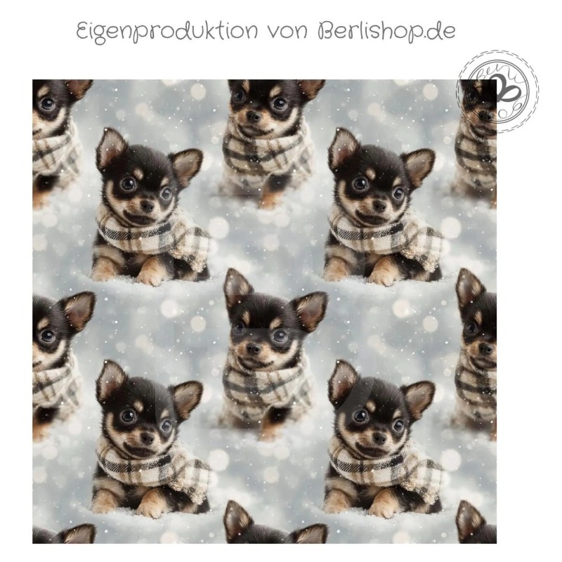 1m Coupon  Baumwolle Canvas Chihuahua Welpe Winter Schnee Schal Stoff 153 g/m² Meterware 160 cm Eigenproduktion Kinder