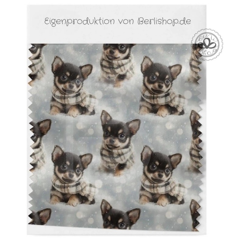 1m Coupon  Baumwolle Canvas Chihuahua Welpe Winter Schnee Schal Stoff 153 g/m² Meterware 160 cm Eigenproduktion Kinder