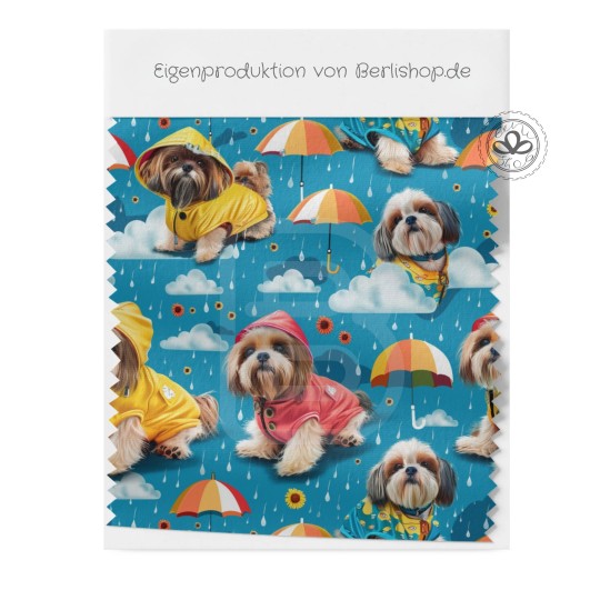 Pre-Order Shih Tzu Hunde mit Regenschirm Petrol Stoff – Stoffdesign von Berlishop - 10 Stoffe zu Auswahl – Kinderstoff Meterware