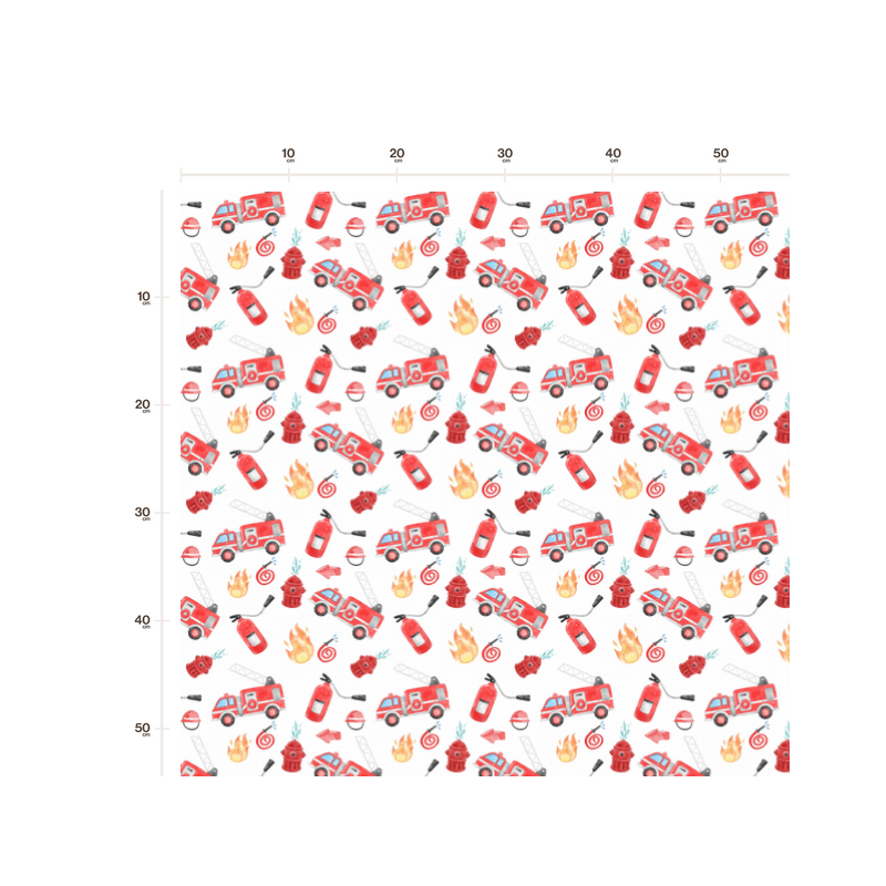 1m Coupon  Baumwolle Canvas Feuerwehr Feuerwehrauto Weiß Stoff  153 g/m² Meterware 160 cm Eigenproduktion Kinder