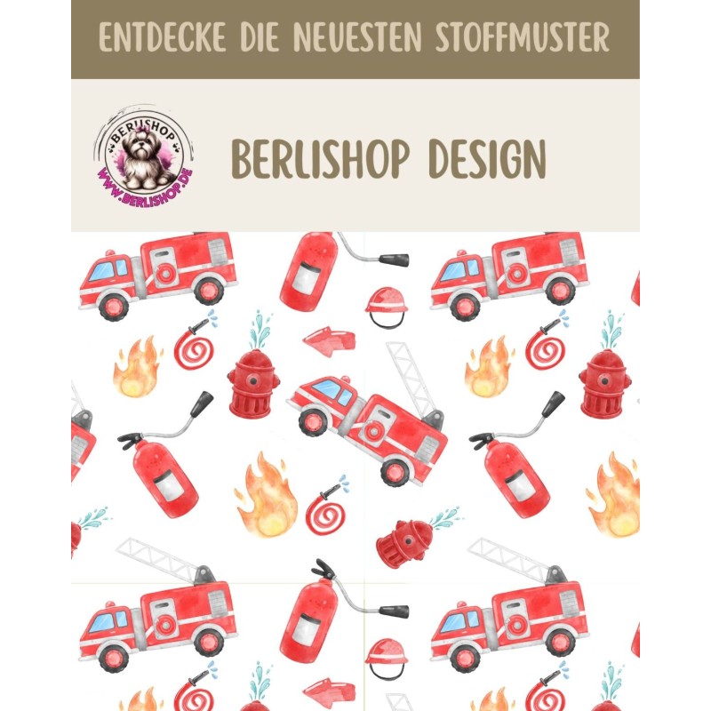 1m Coupon  Baumwolle Canvas Feuerwehr Feuerwehrauto Weiß Stoff  153 g/m² Meterware 160 cm Eigenproduktion Kinder