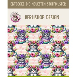 1m Coupon  Baumwolle Canvas Katzen Tasse Blumen Herzen Stoff 153 g/m² Meterware 160 cm Eigenproduktion Kinder