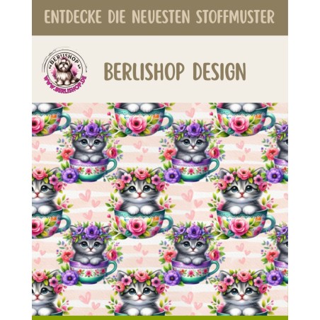 1m Coupon  Baumwolle Canvas Katzen Tasse Blumen Herzen Stoff 153 g/m² Meterware 160 cm Eigenproduktion Kinder