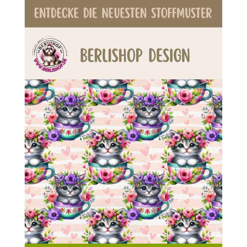 1m Coupon  Baumwolle Canvas Katzen Tasse Blumen Herzen Stoff 153 g/m² Meterware 160 cm Eigenproduktion Kinder