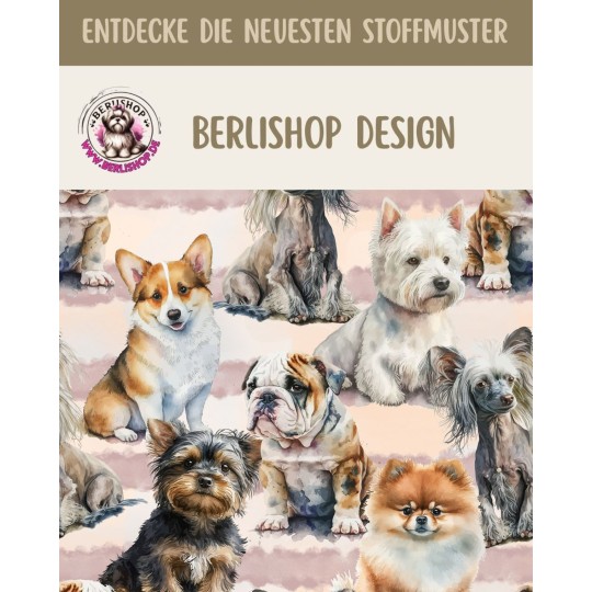 1m Coupon  Baumwolle Canvas Hunde Rassen Aquarell Rosa Stoff 153 g/m² Meterware 160 cm Eigenproduktion Kinder