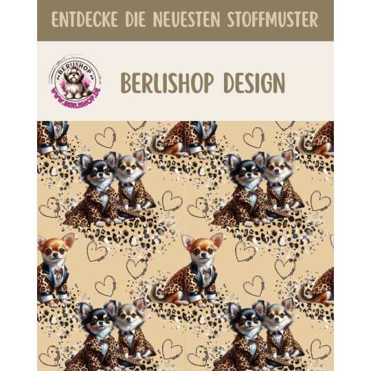 Baumwolle Canvas Hunde Stoff –Chihuahua Rüde Leomantel Herzen Beige Braun  – 153 g/m² –  160  cm Meterware
