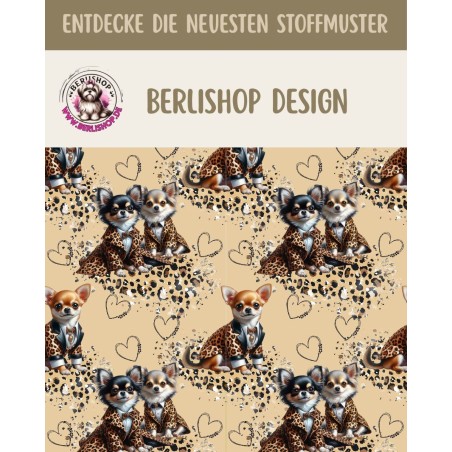 Baumwolle Canvas Hunde Stoff –Chihuahua Rüde Leomantel Herzen Beige Braun  – 153 g/m² –  160  cm Meterware