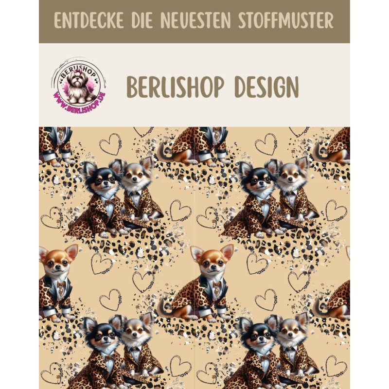 Baumwolle Canvas Hunde Stoff –Chihuahua Rüde Leomantel Herzen Beige Braun  – 153 g/m² –  160  cm Meterware