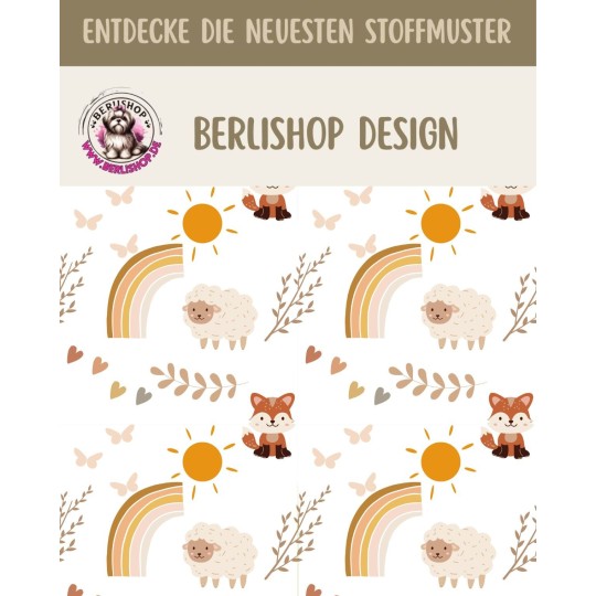 1m Coupon  Baumwolle Canvas Fuchs Schafe Regenbogen Weiß Stoff 153 g/m² Meterware 160 cm Eigenproduktion Kinder