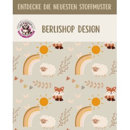 1m Coupon  Baumwolle Canvas Fuchs Schafe Regenbogen Beige Stoff 153 g/m² Meterware 160 cm Eigenproduktion Kinder