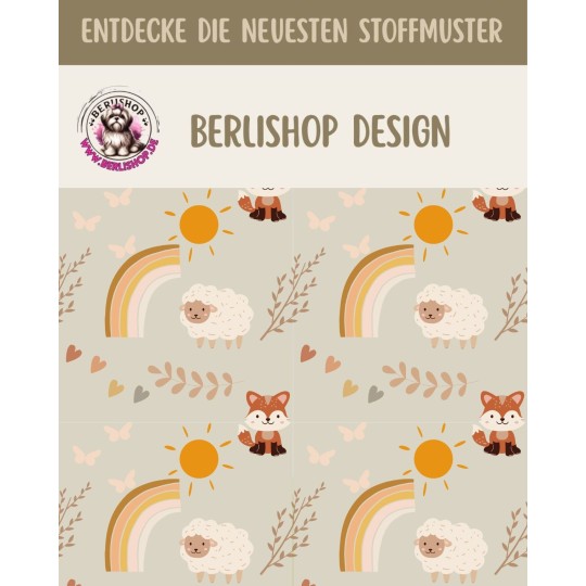 1m Coupon  Baumwolle Canvas Fuchs Schafe Regenbogen Beige Stoff 153 g/m² Meterware 160 cm Eigenproduktion Kinder