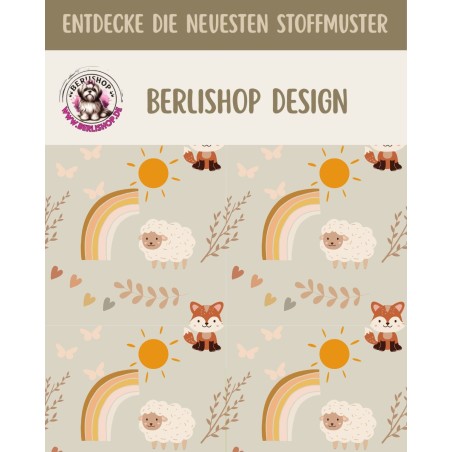 1m Coupon  Baumwolle Canvas Fuchs Schafe Regenbogen Beige Stoff 153 g/m² Meterware 160 cm Eigenproduktion Kinder