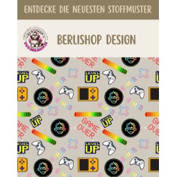 1m Coupon  Baumwolle Gamer Level Up Beige Stof 153 g/m² Meterware 160 cm Eigenproduktion Kinder