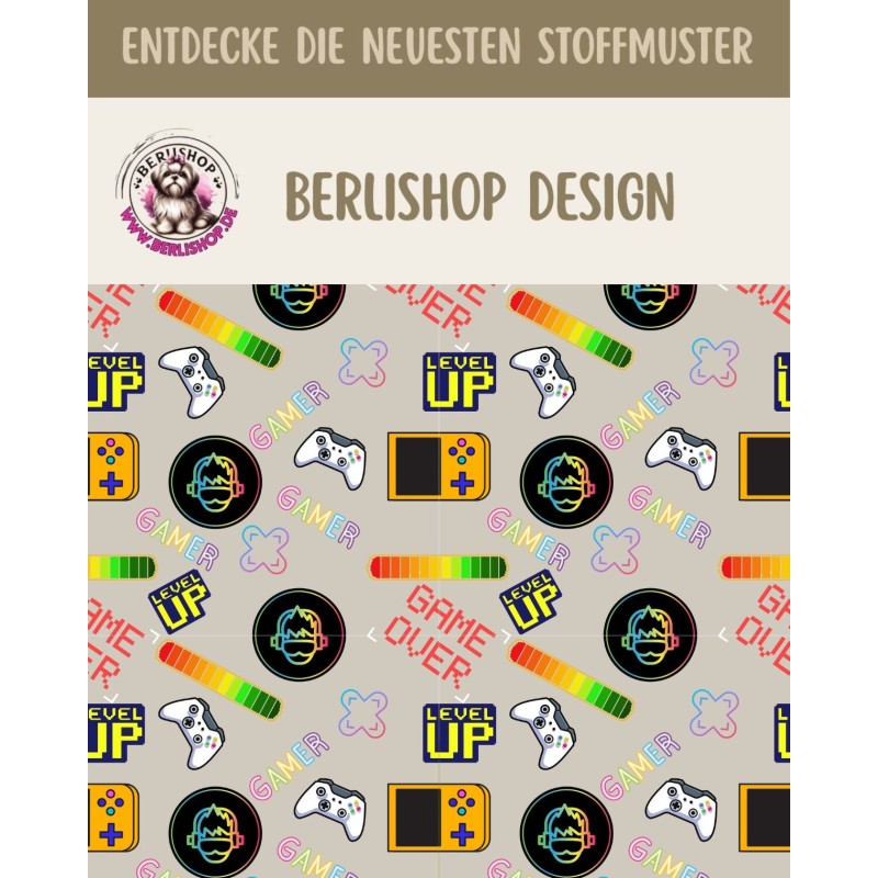 1m Coupon  Baumwolle Gamer Level Up Beige Stof 153 g/m² Meterware 160 cm Eigenproduktion Kinder