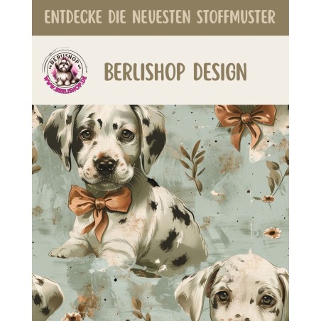 Baumwolle Canvas Hunde Dalmatiner Welpen Schleifen Mint Beige153 g/m² Meterware 160 cm Eigenproduktion