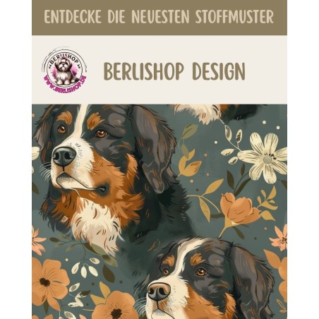 Baumwolle Canvas Berner Sennenhund Blumen Petrol Orange 153 g/m² Meterware 160 cm Eigenproduktion